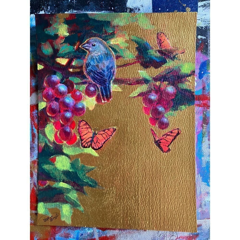 Original Painting Bird butterflies Grape Vineyard Gold Art Nouveau Artettina